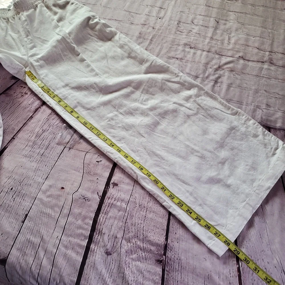 Zara Linen White Pants Wide-leg High-waisted Pull-on Elastic Waist Pockets Med
